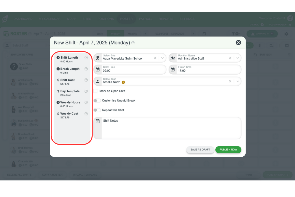 Screenshot showing real-time shift metrics in RosterElf shift modal