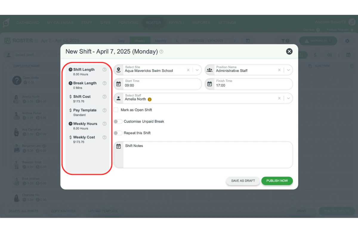 Screenshot showing real-time shift metrics in RosterElf shift modal