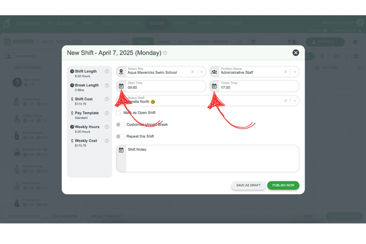Screenshot of the time entry fields in the RosterElf shift modal
