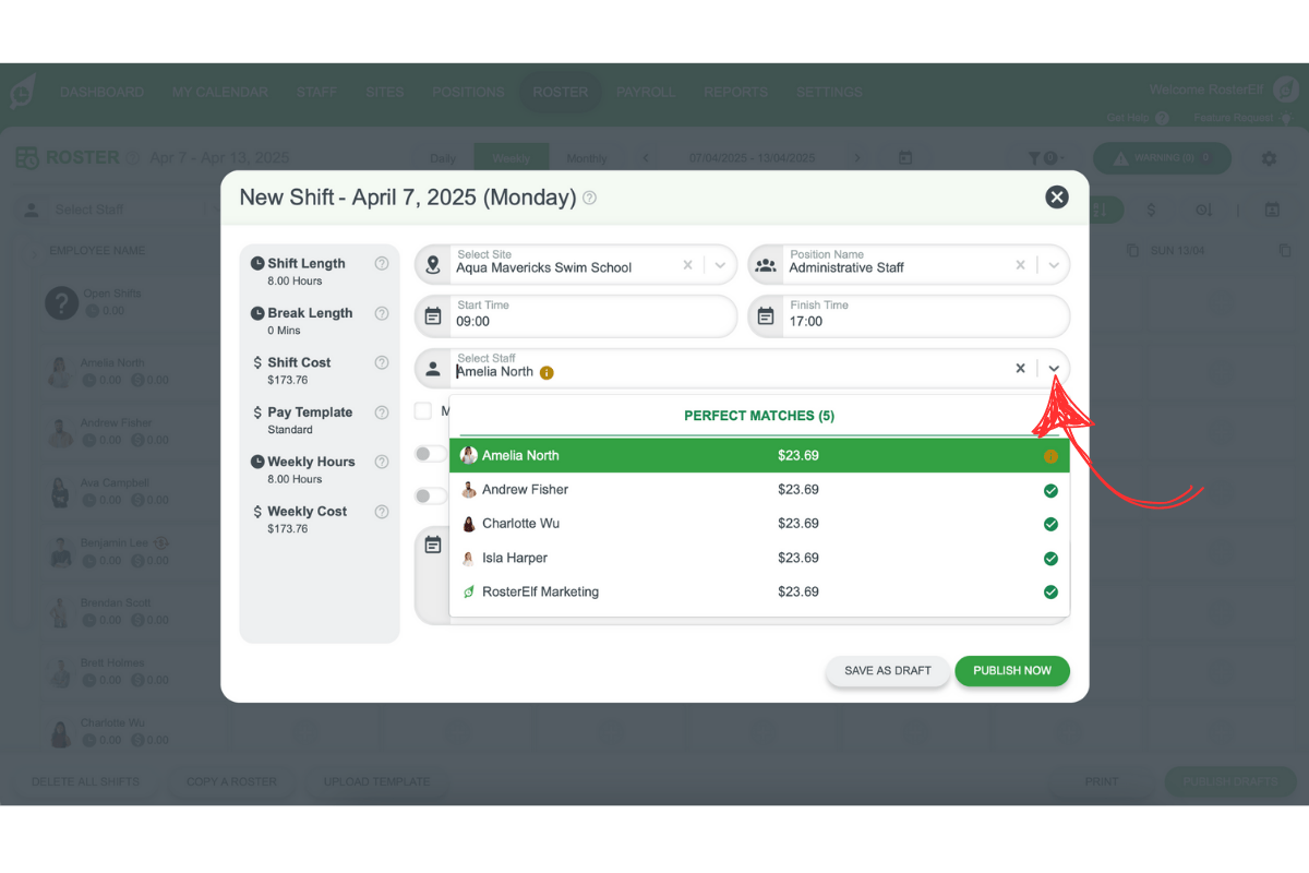Screenshot of staff dropdown selection in the RosterElf shift modal