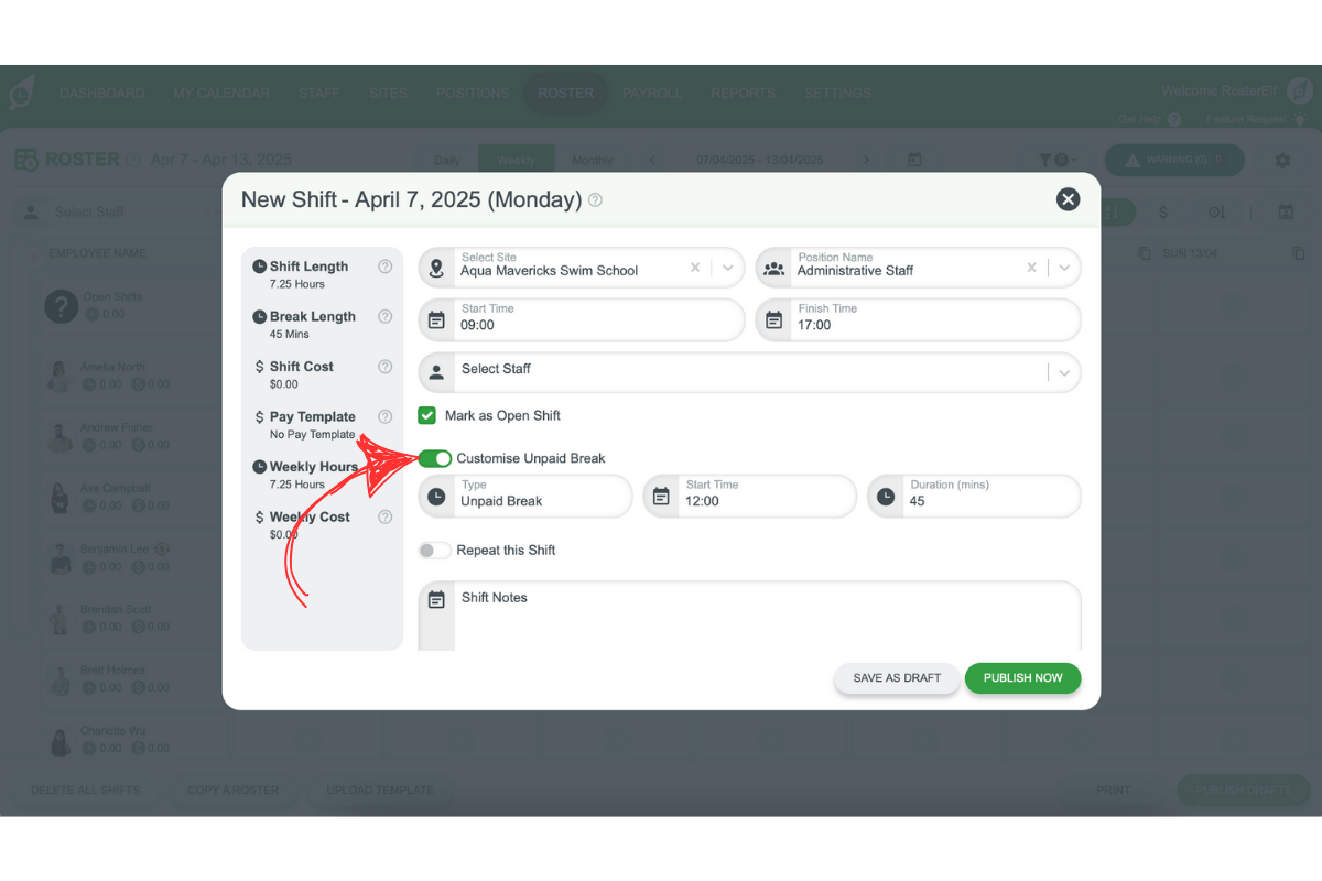 Screenshot of the custom unpaid break option in RosterElf shift modal