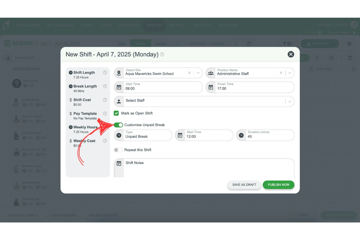 Screenshot of the custom unpaid break option in RosterElf shift modal