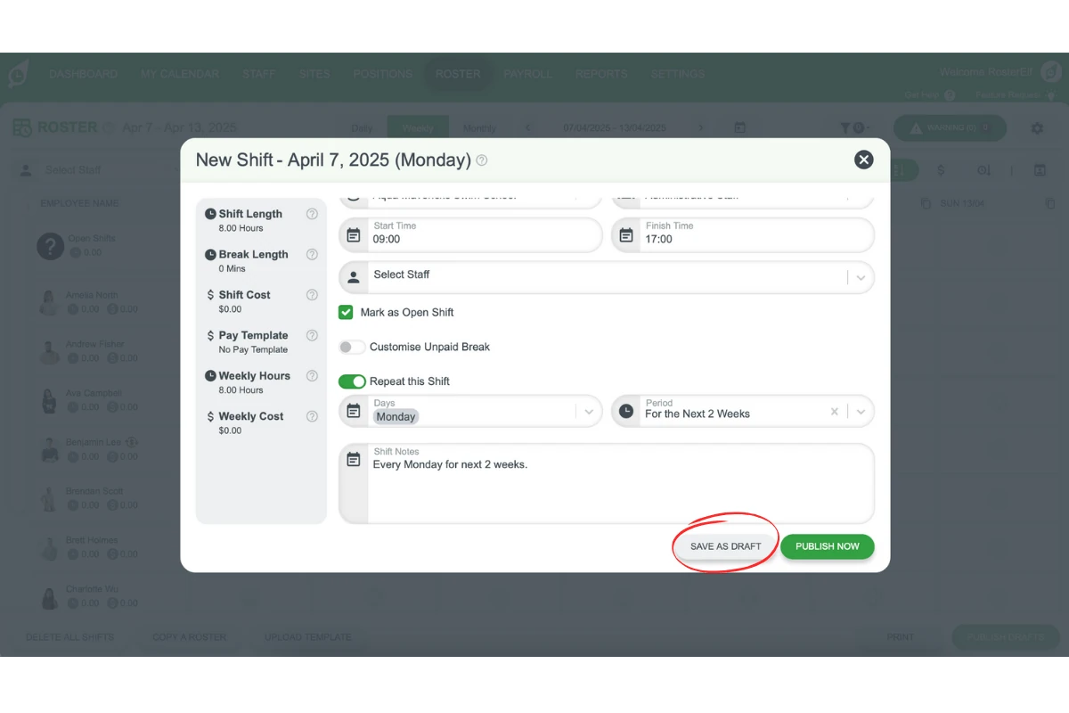 Screenshot of the Save as Draft button in the RosterElf shift modal