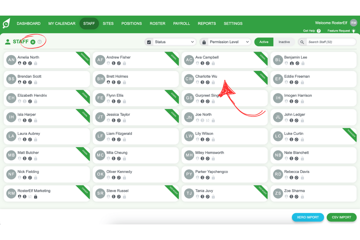Screenshot showing the Add New Staff (+) button and existing staff list
