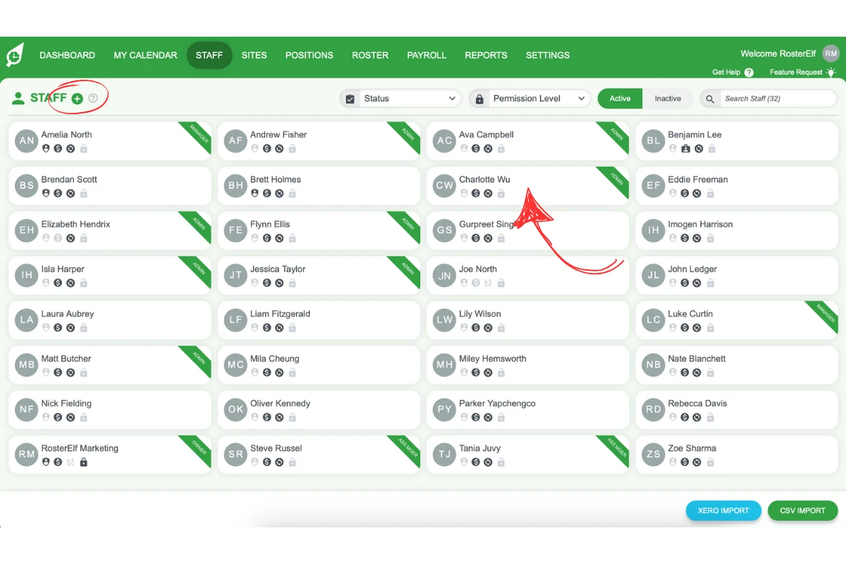 Screenshot showing the Add New Staff (+) button and existing staff list