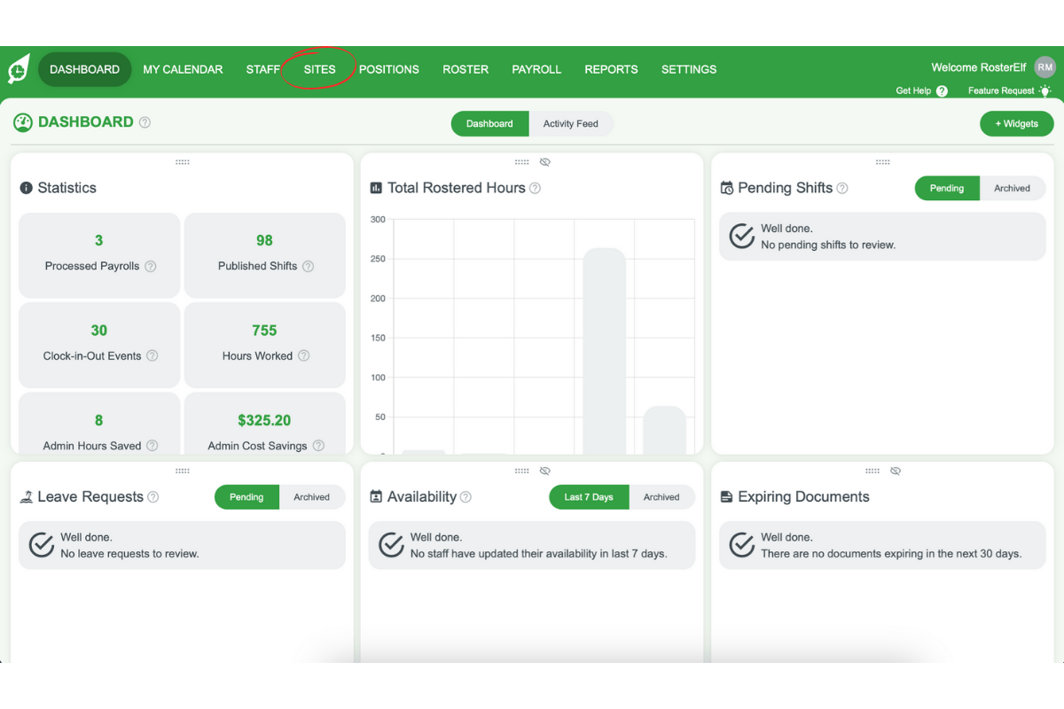 Screenshot highlighting the Sites tab in RosterElf