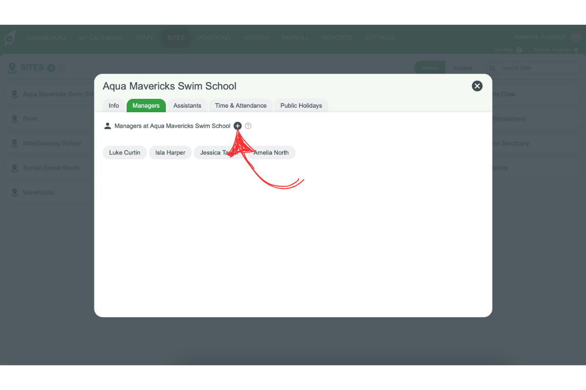 Screenshot illustrating how to add a staff member to a manager role