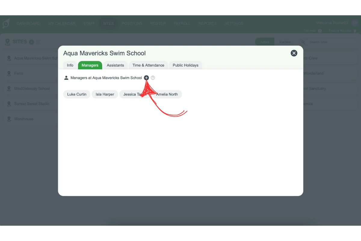 Screenshot illustrating how to add a staff member to a manager role