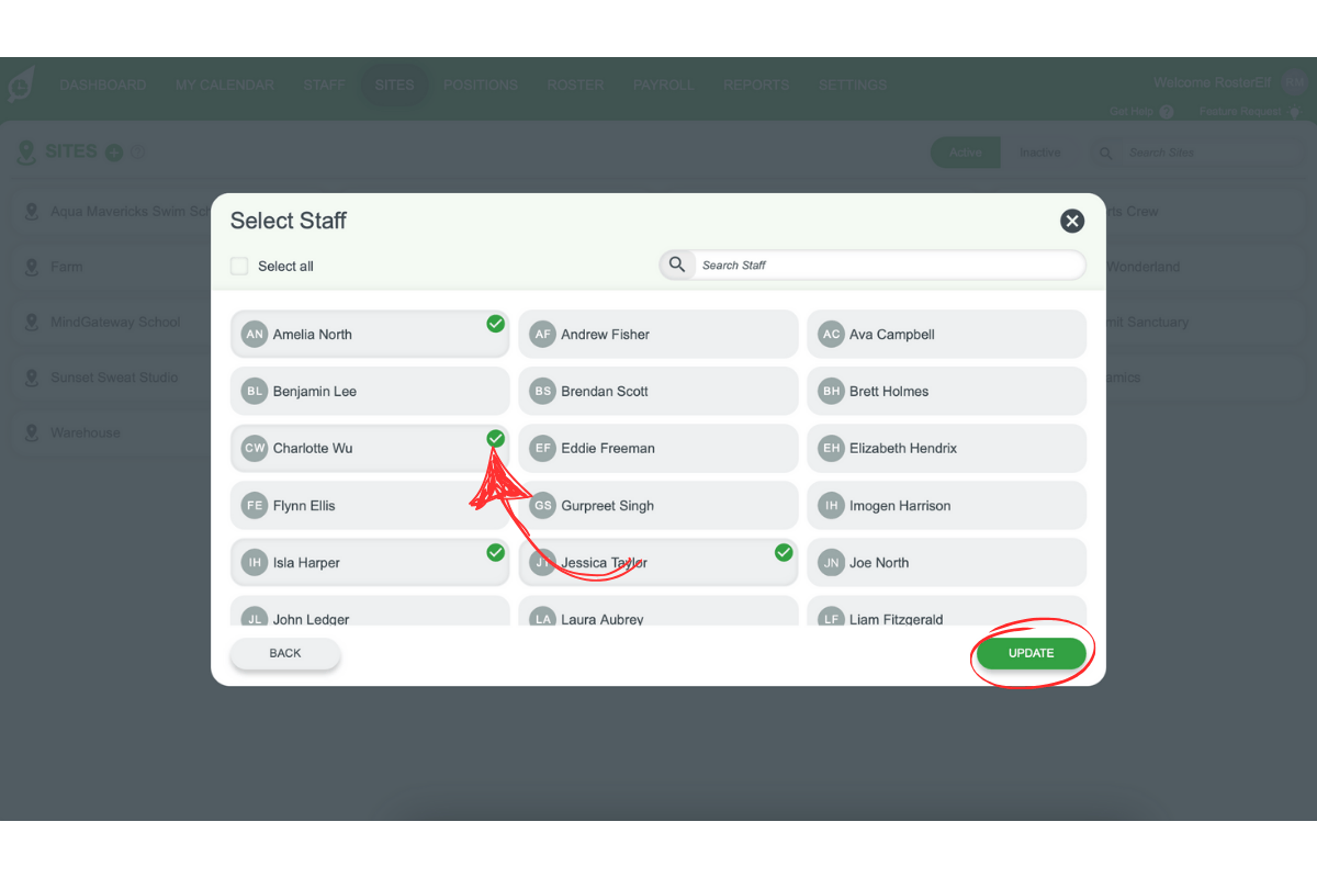 Screenshot showing the Update button after selecting a staff member