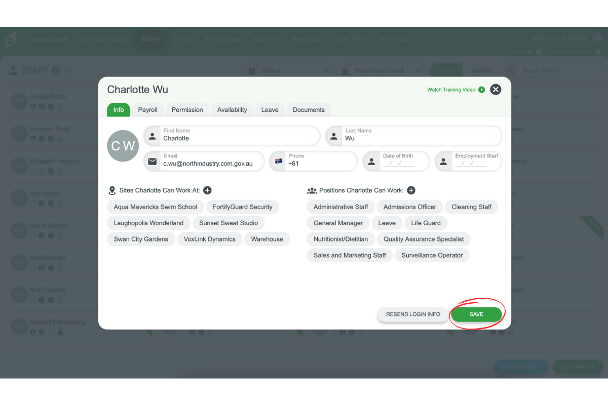 Screenshot illustrating the staff info fields to fill out
