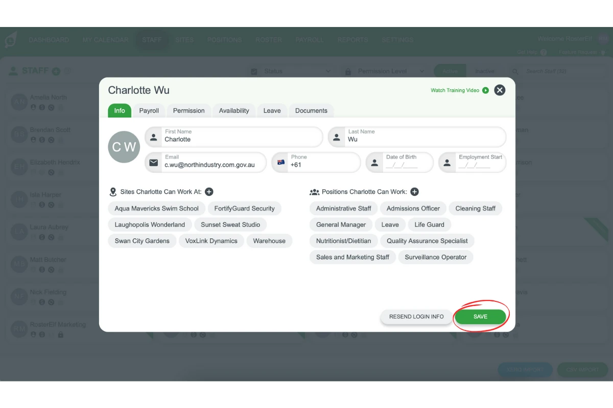 Screenshot illustrating the staff info fields to fill out