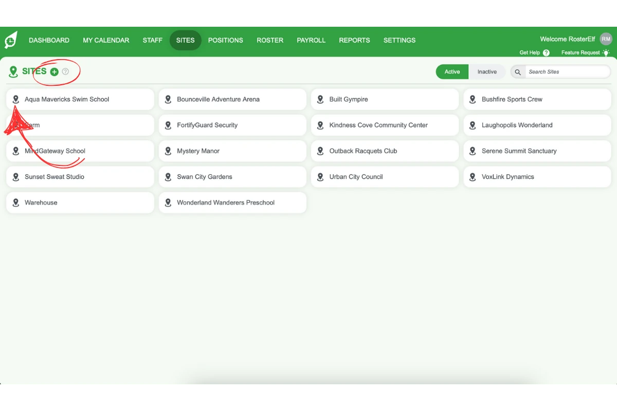 Screenshot indicating how to select or add a new site