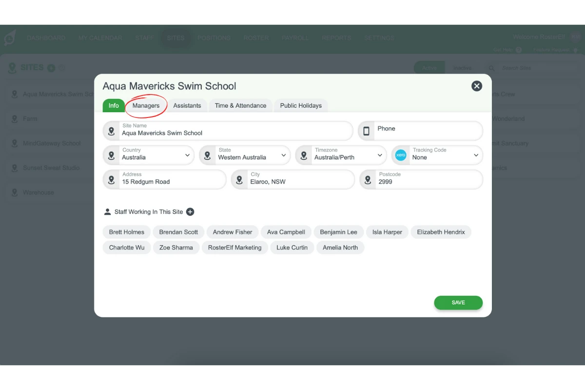 Screenshot showing the Managers and Assistants tabs in a site's settings