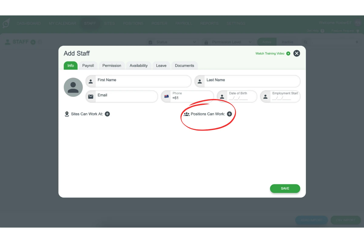 Screenshot demonstrating the positions or roles selection in RosterElf