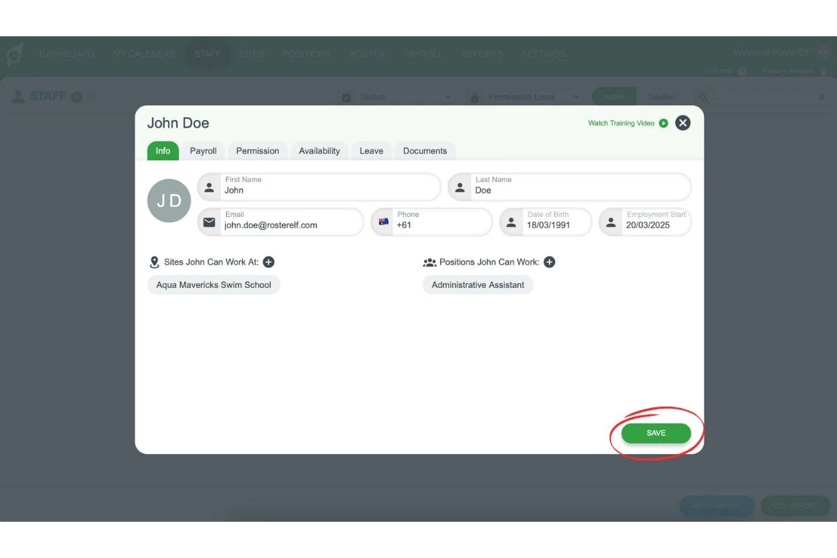 Screenshot showing the Save button at the bottom of the employee Info tab