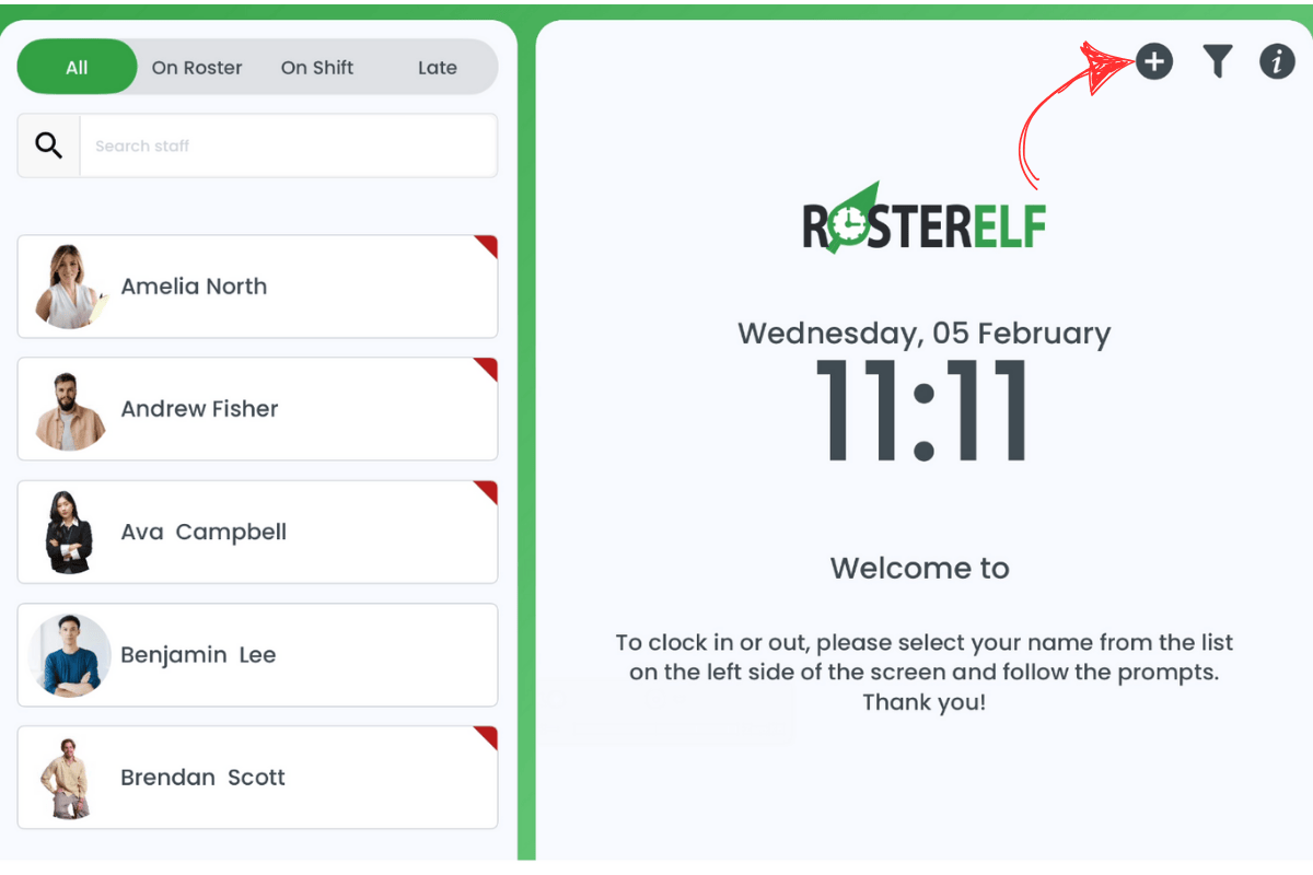 RosterElf Time Clock plus button for adding employees