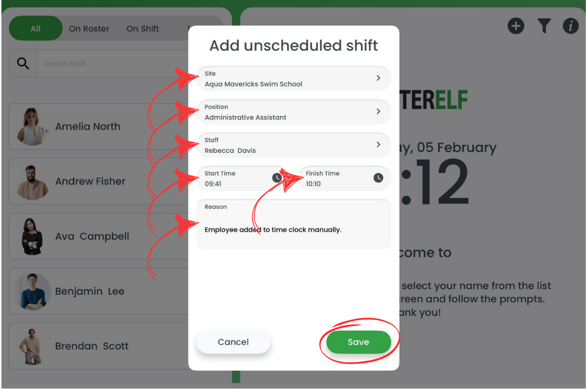 RosterElf Time Clock shift form for adding new staff
