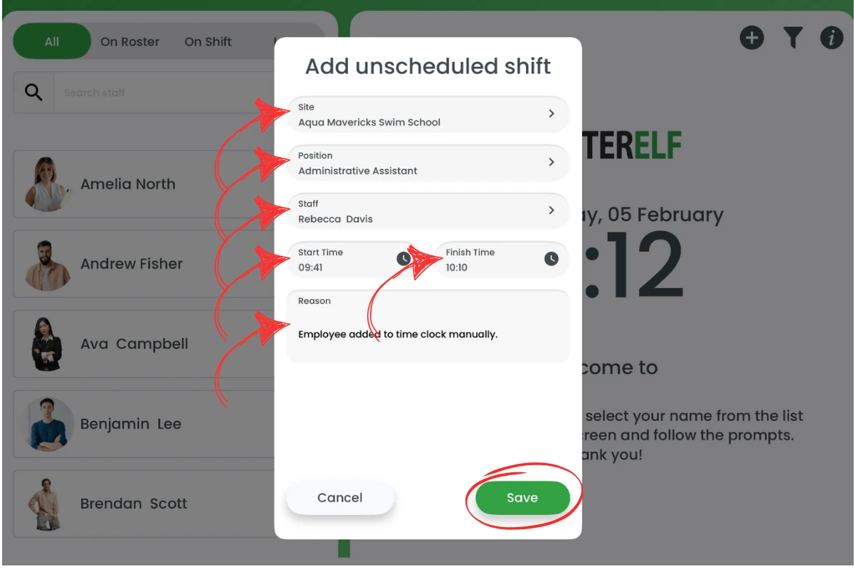 RosterElf Time Clock shift form for adding new staff