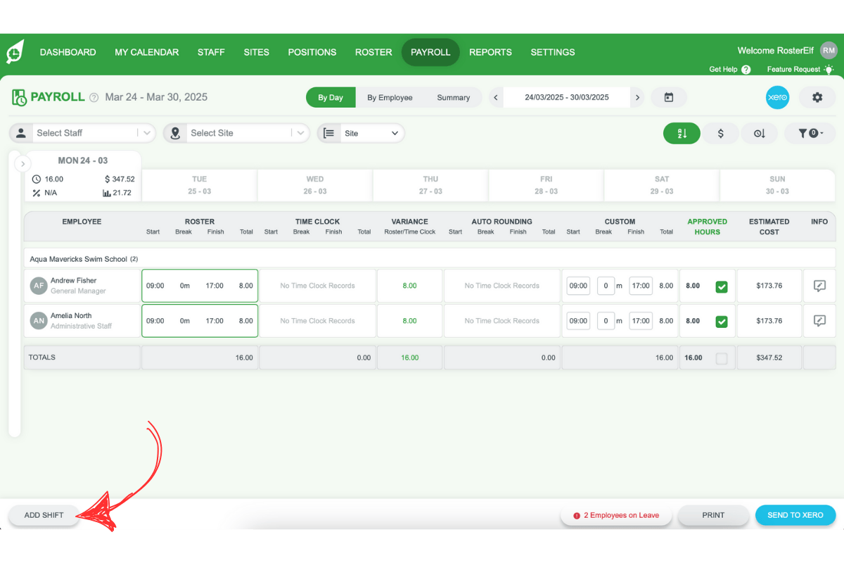 Screenshot highlighting the Add shift option