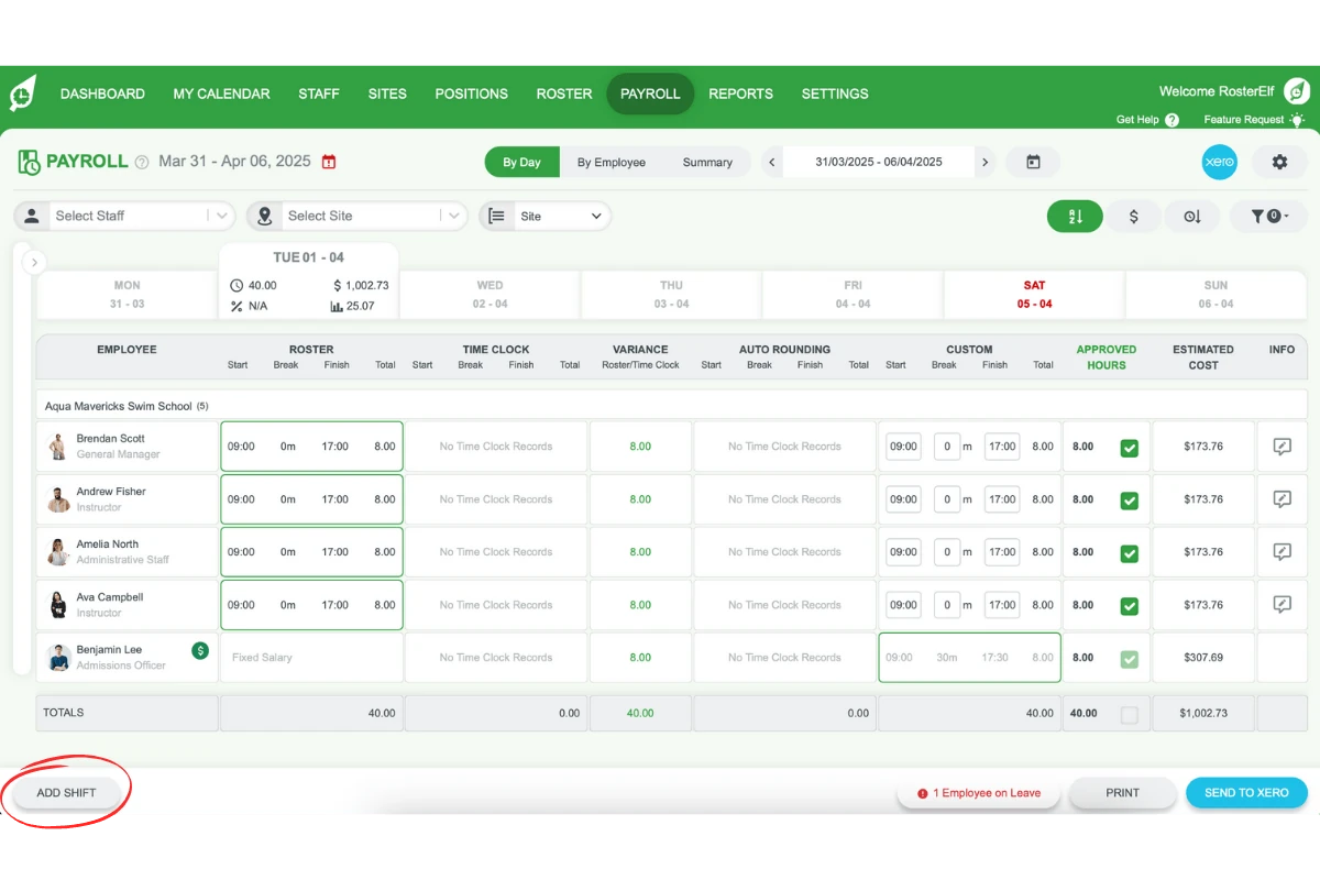 Add Shift button in RosterElf's payroll screen