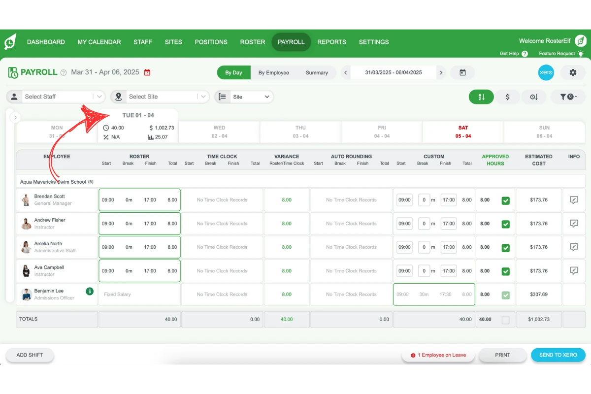 Selecting a date header in RosterElf's payroll screen