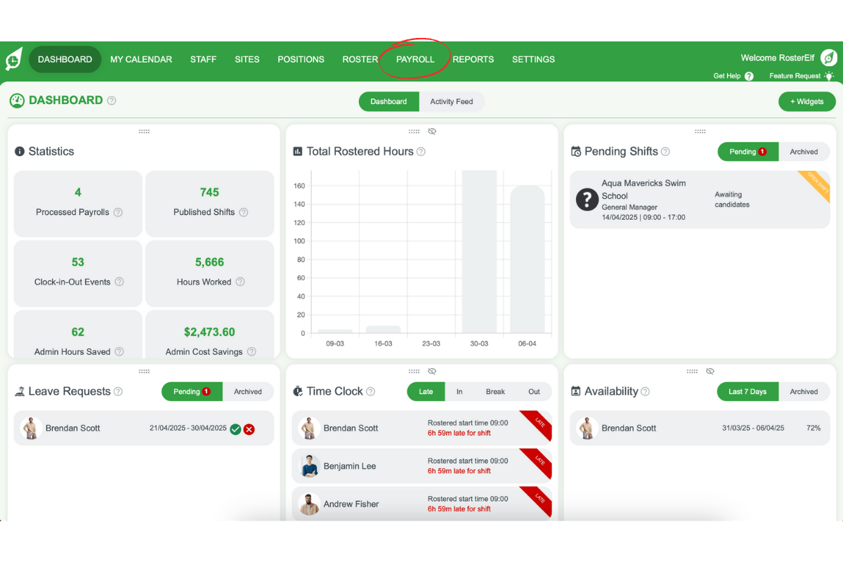 RosterElf Payroll tab highlighted in the top menu