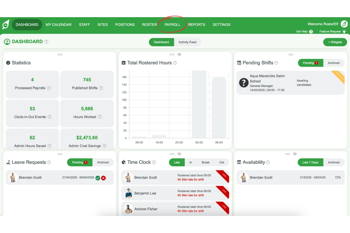 RosterElf Payroll tab highlighted in the top menu