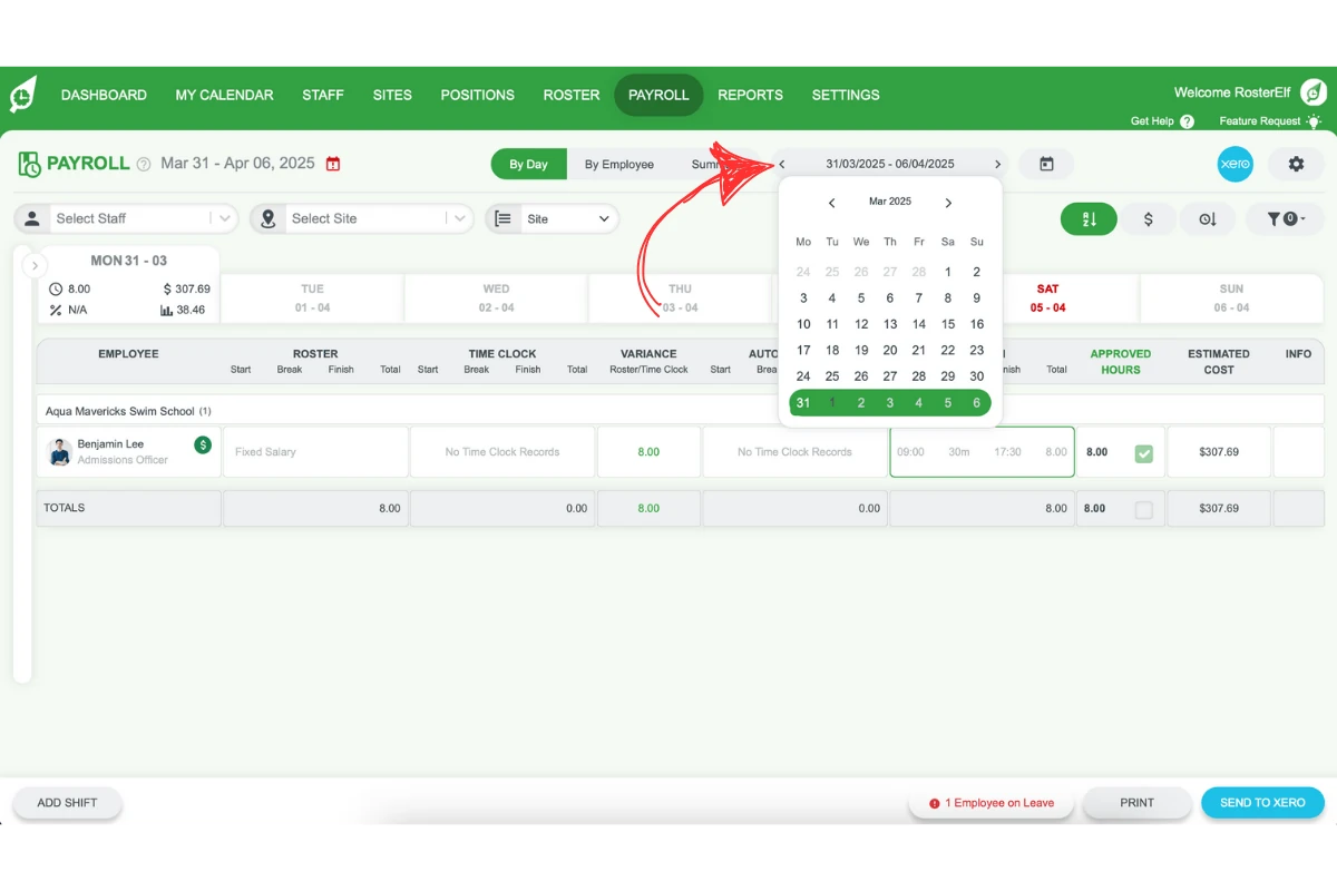 Selecting a payroll week from a dropdown in RosterElf
