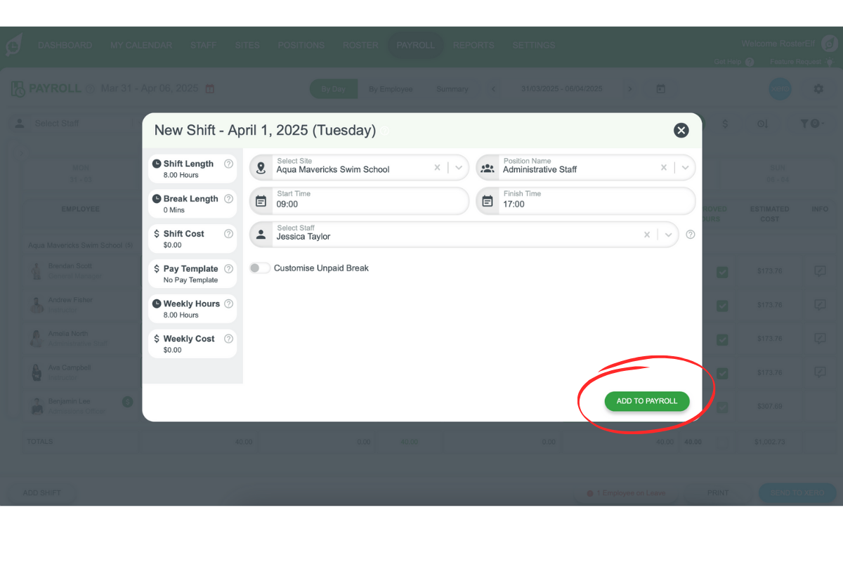 Pop-up for entering site, hours, position, and employee in RosterElf