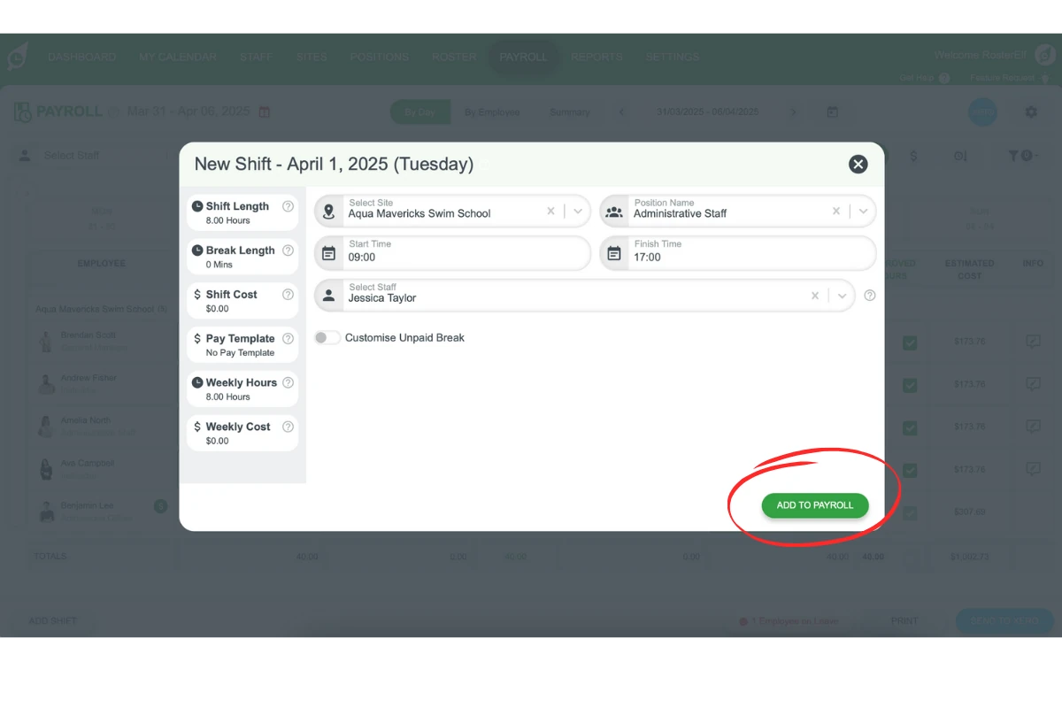 Pop-up for entering site, hours, position, and employee in RosterElf