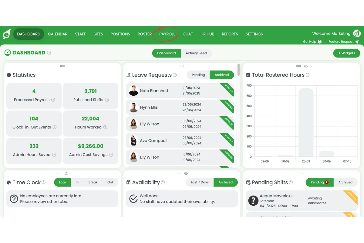 RosterElf Settings menu with Payroll selected