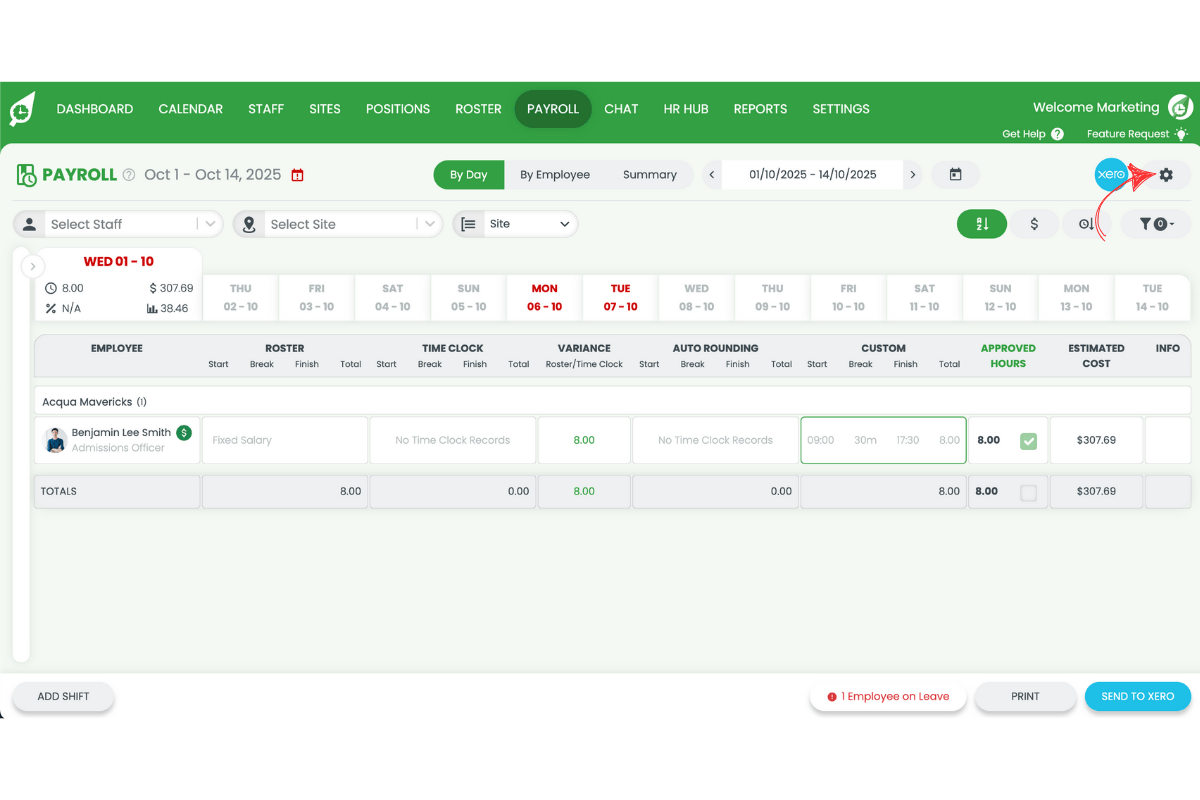 Payroll settings screen in RosterElf