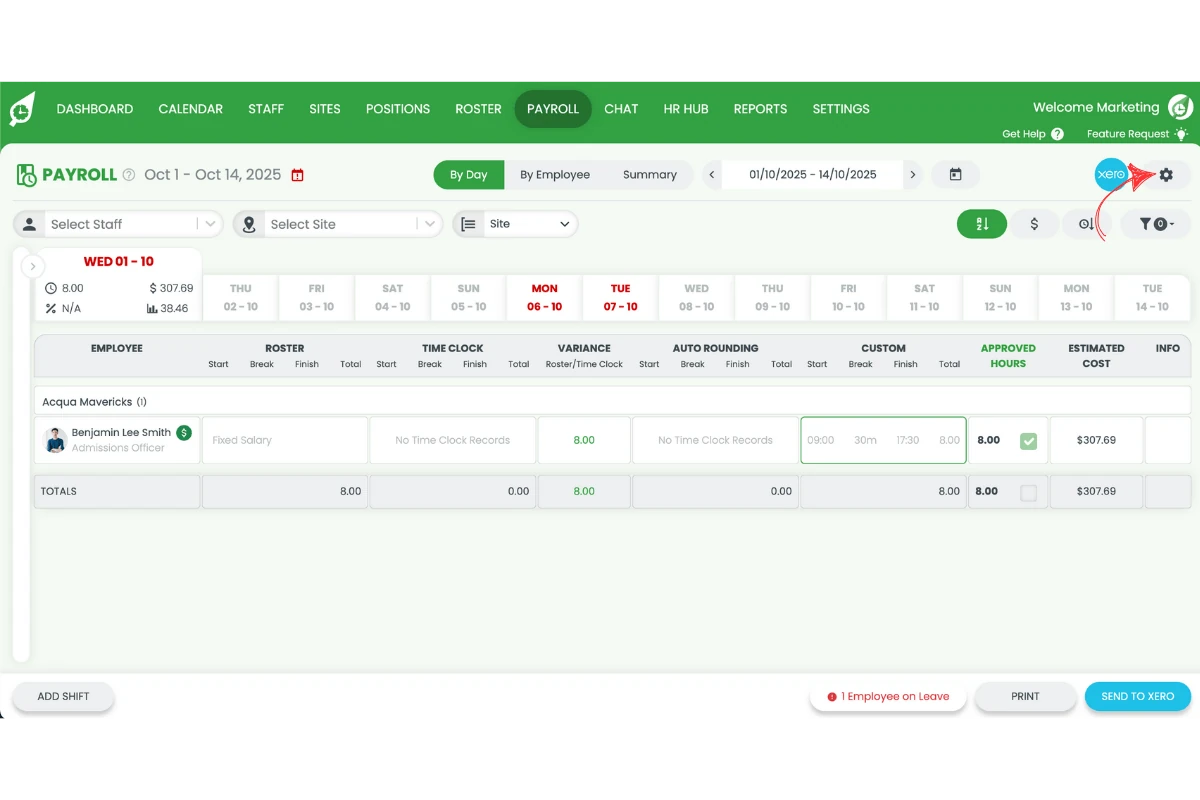 RosterElf payroll screen with the settings cog selected
