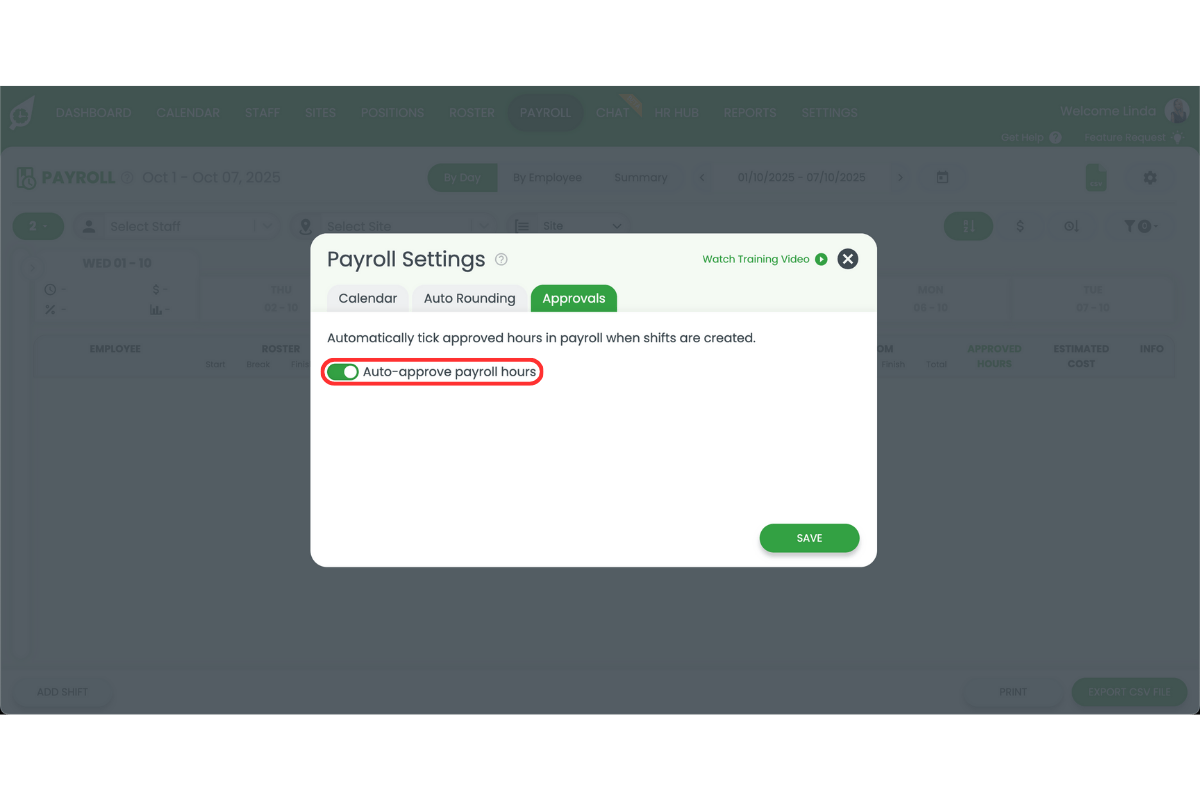 Approving payroll in RosterElf