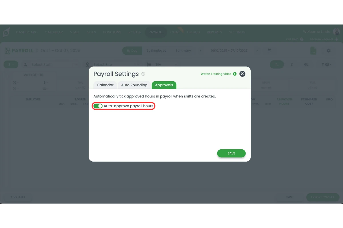 RosterElf approval settings with Auto approve payroll hours toggled off