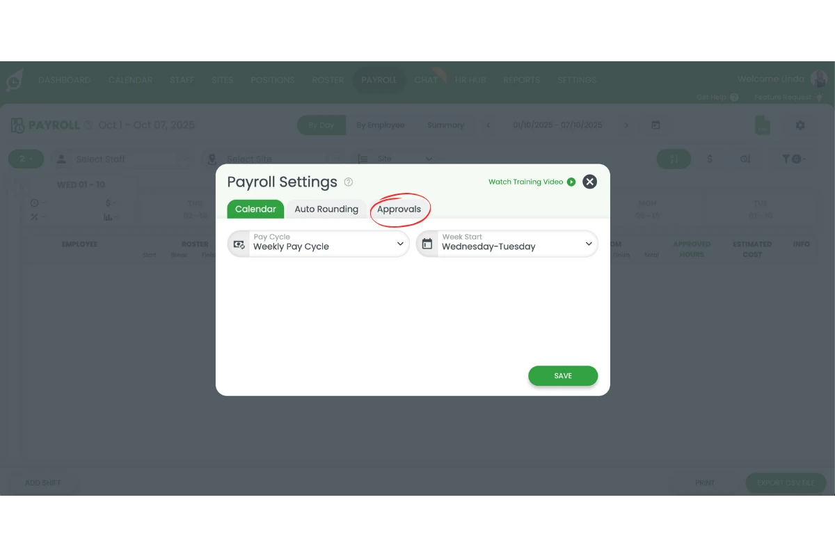 RosterElf payroll settings with the Approvals section open