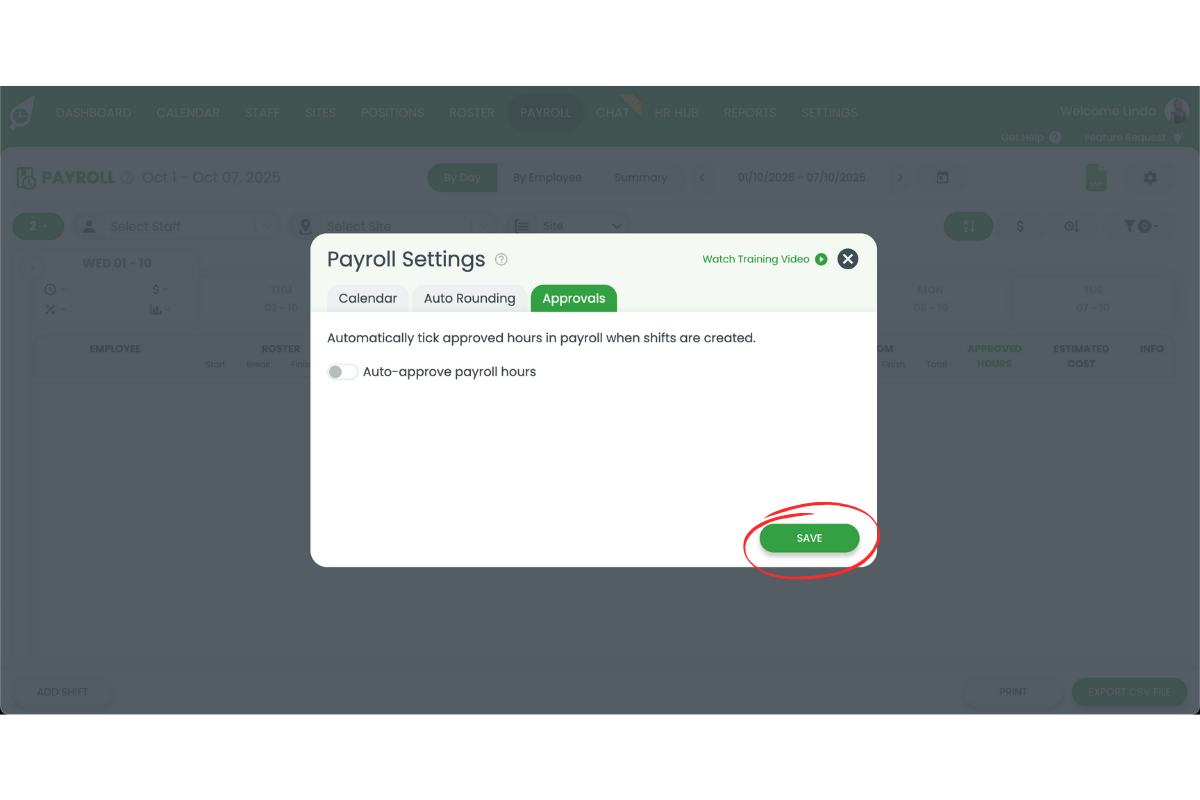 Payroll section in RosterElf