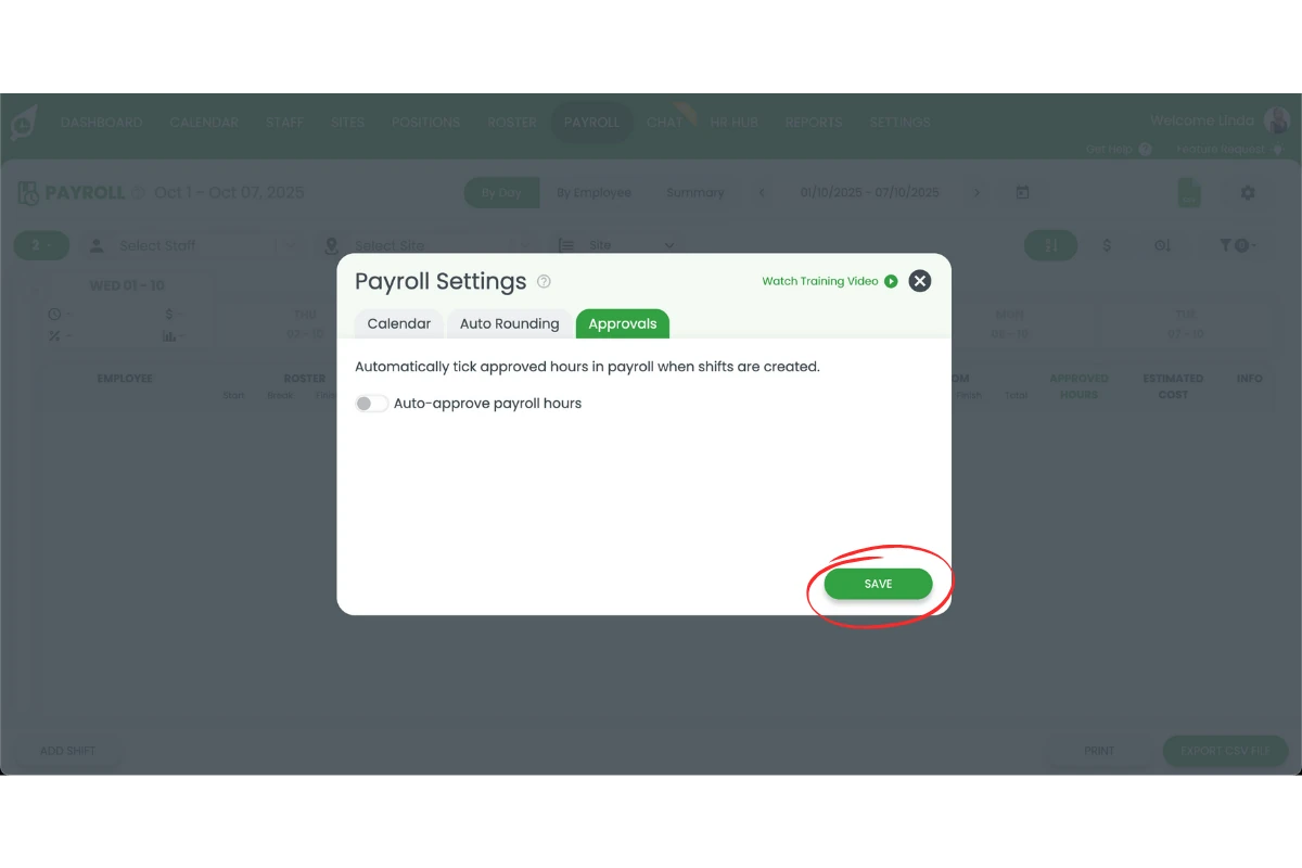 RosterElf payroll settings showing the Auto approve payroll hours toggle switched off