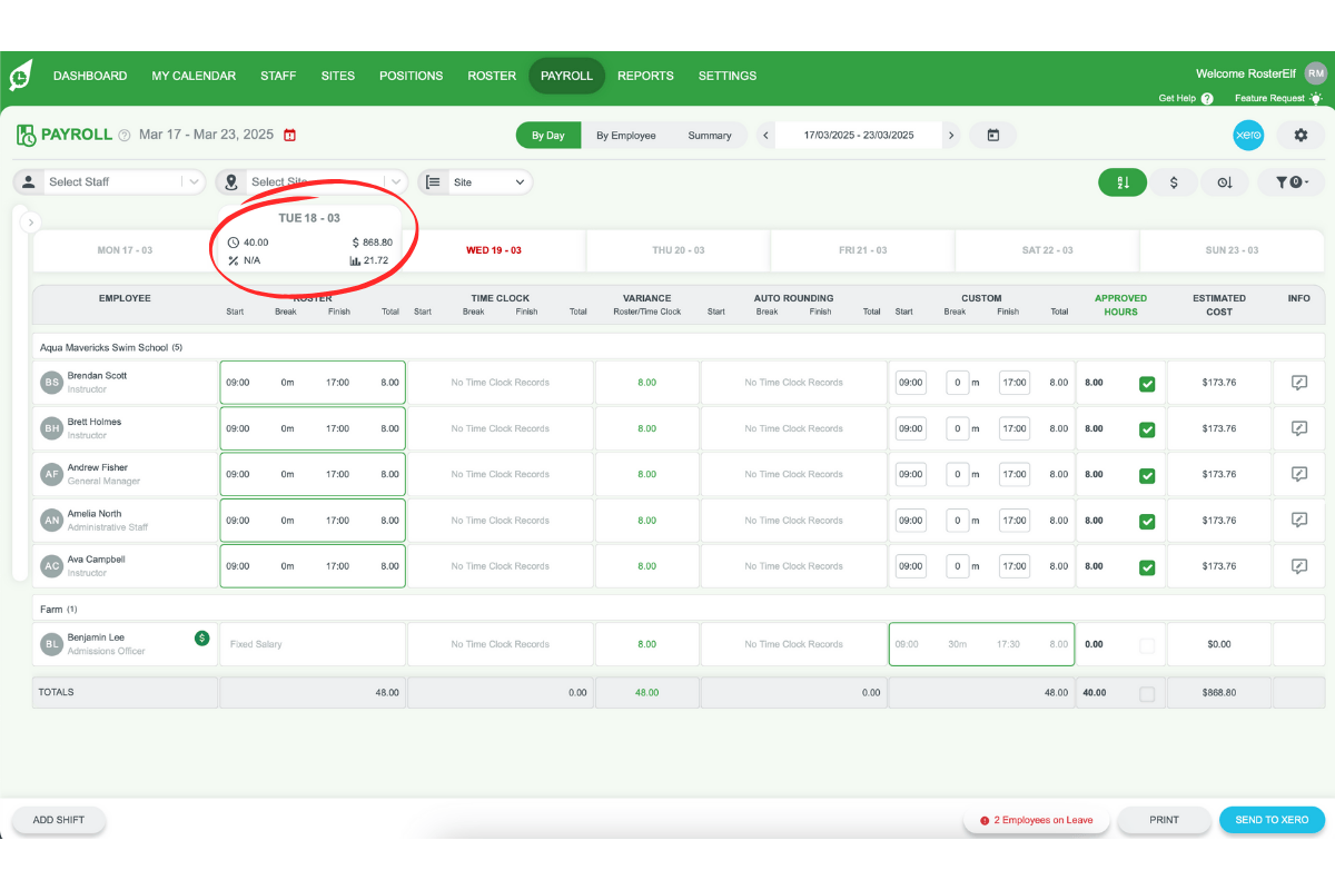 Screenshot showing the day selection in the payroll screen