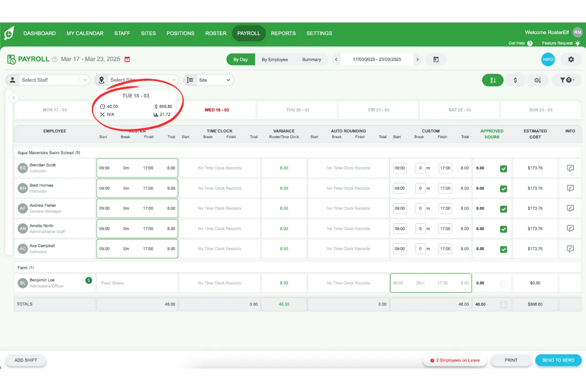 Screenshot showing the day selection in the payroll screen