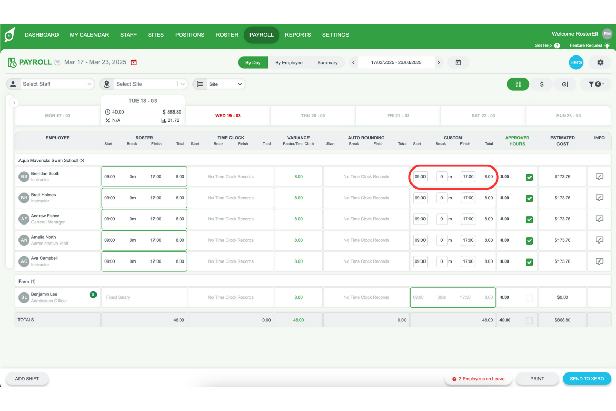 Screenshot highlighting the Custom column where hours can be edited