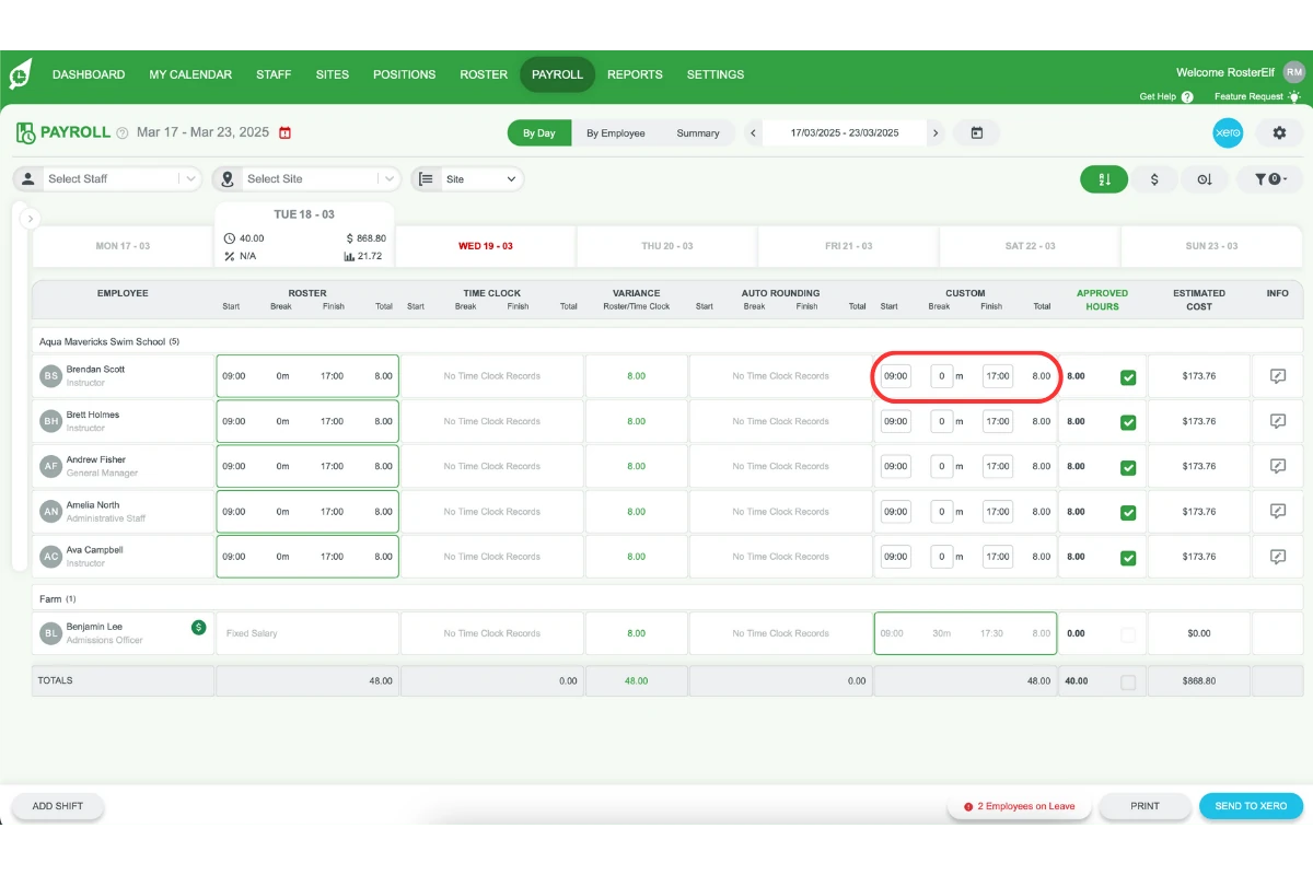 Screenshot highlighting the Custom column where hours can be edited