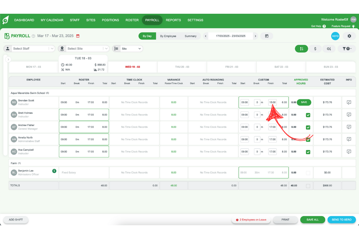 Screenshot showing where to type the new hours in the Custom column field