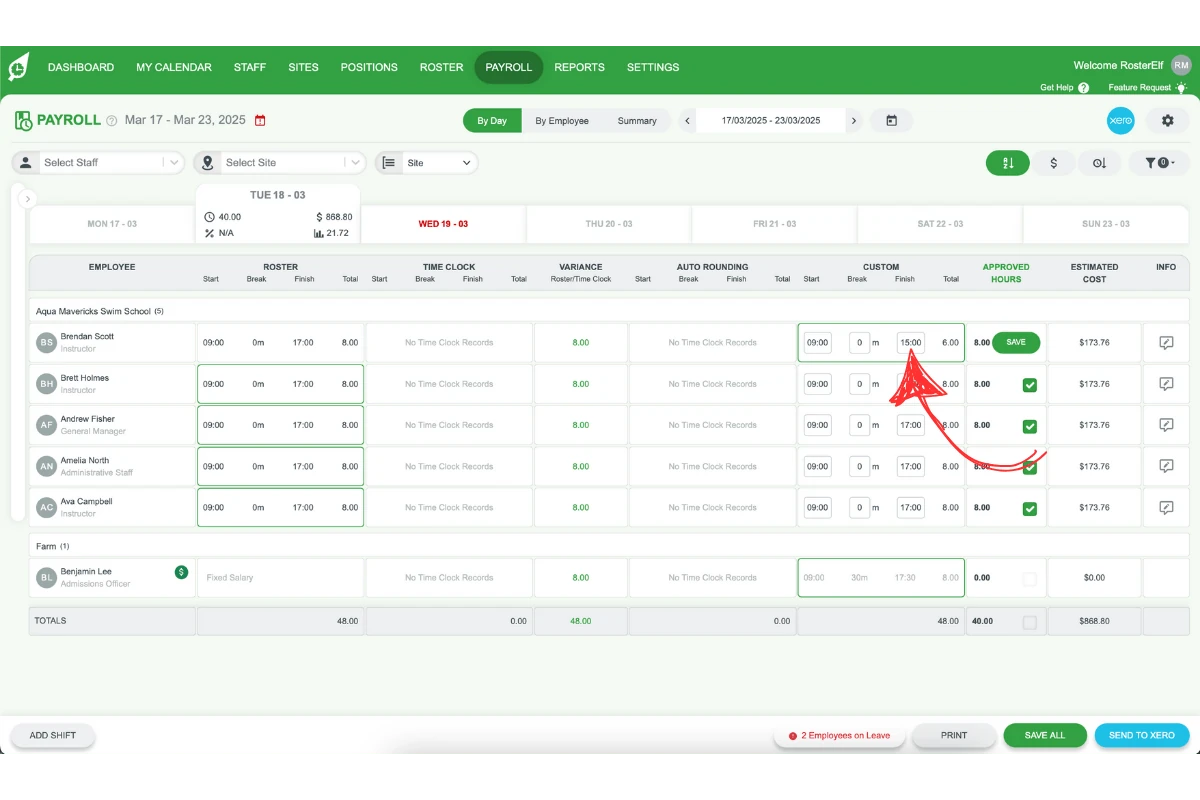 Screenshot showing where to type the new hours in the Custom column field