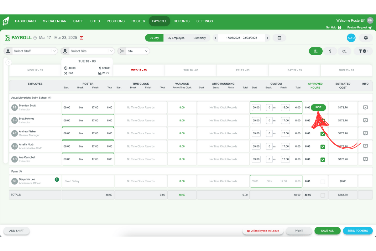 Screenshot indicating the Save button in the payroll tab