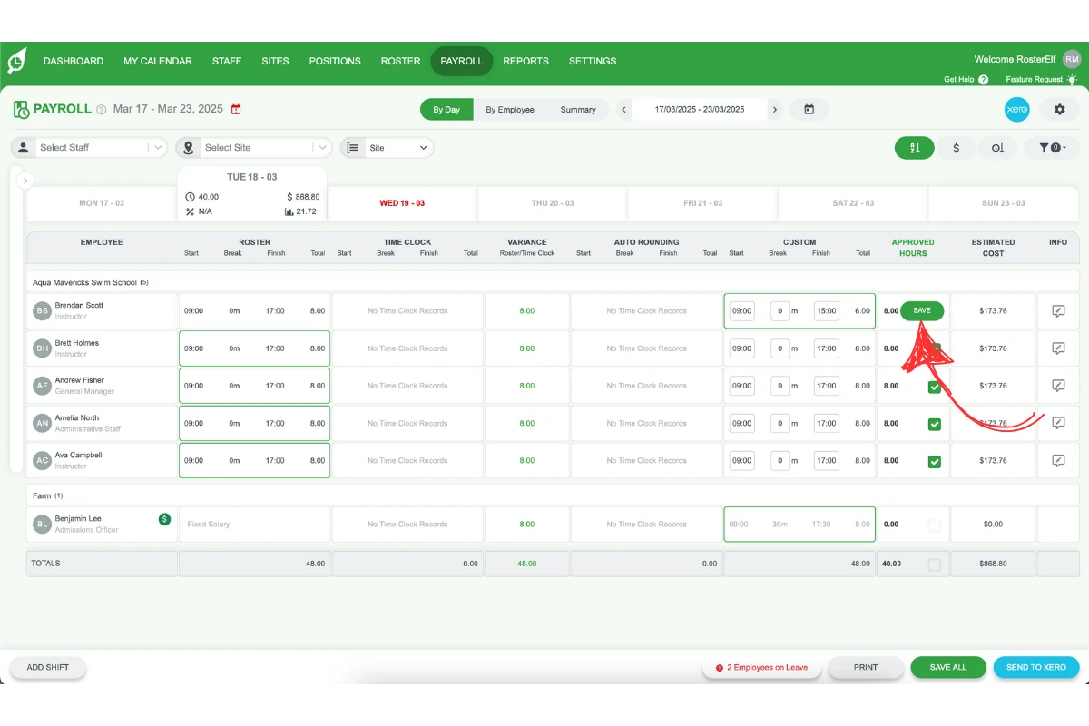 Screenshot indicating the Save button in the payroll tab
