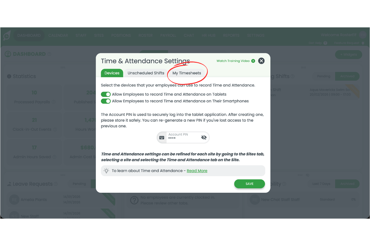 RosterElf Time and Attendance Settings page with the My Timesheets section highlighted