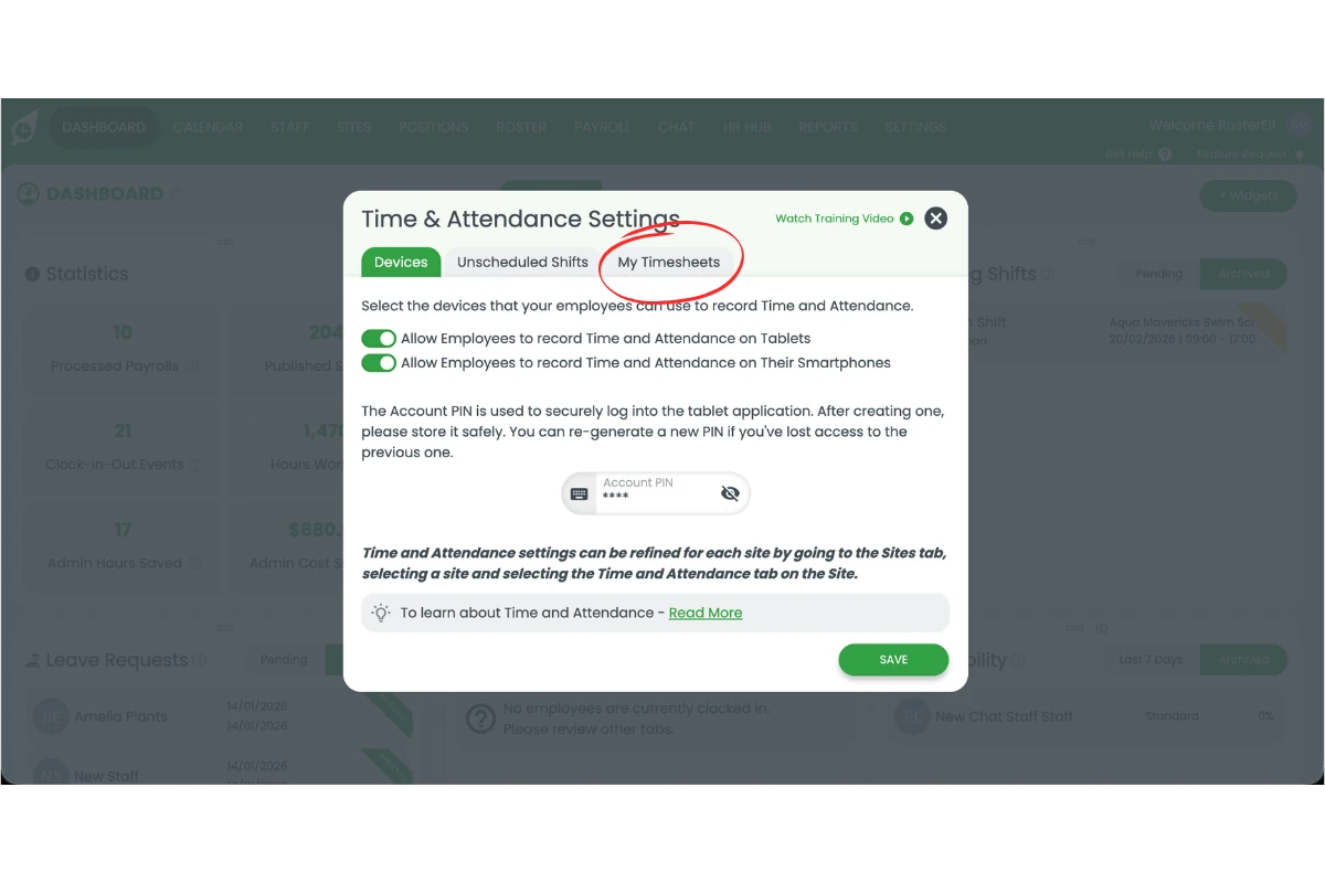 RosterElf Time and Attendance Settings page with the My Timesheets section highlighted