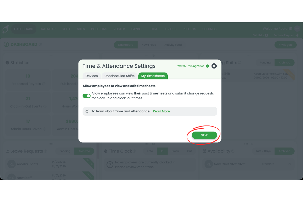 RosterElf settings page with the Save button highlighted to confirm enabling My Timesheets
