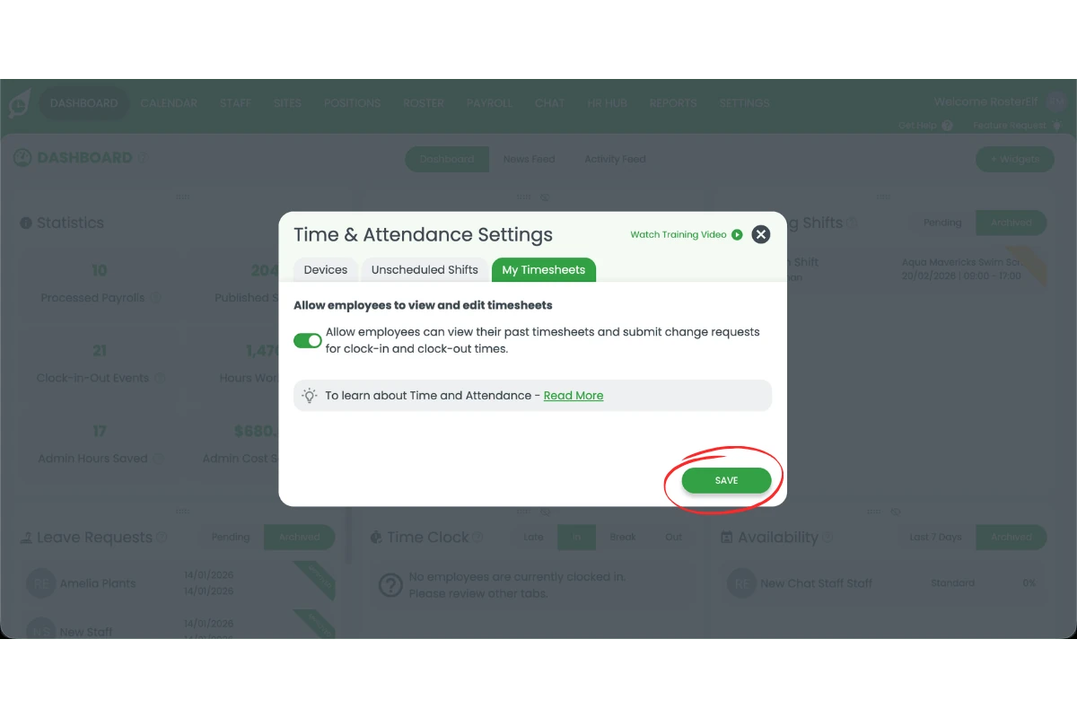 RosterElf settings page with the Save button highlighted to confirm enabling My Timesheets